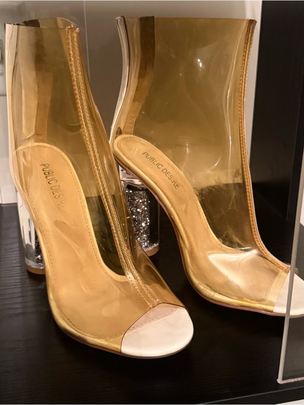 Public Desire Gold Clear Peep Toe Heeled Booties - Picture 5 of 6